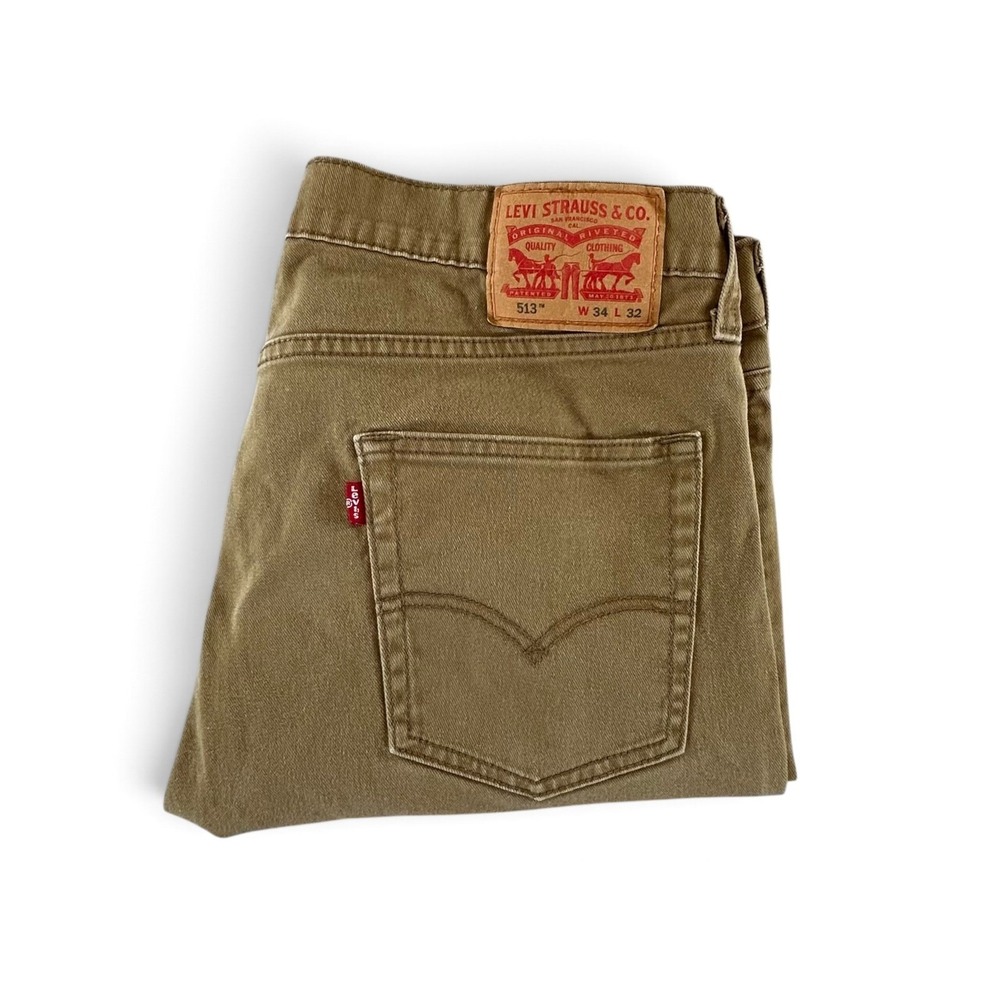Levis 513 Jeans Mens 34x32 Tan Khaki Brown Slim Straight Stretch Denim WaterLess